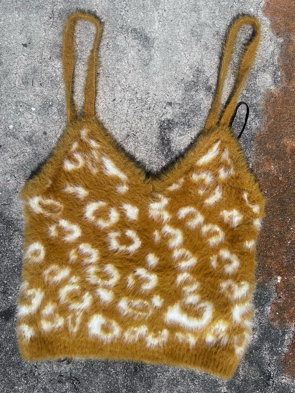 Fuzzy Faux Fur Leopard Print Strappy Strap Tank Top - Mustard MEDIUM